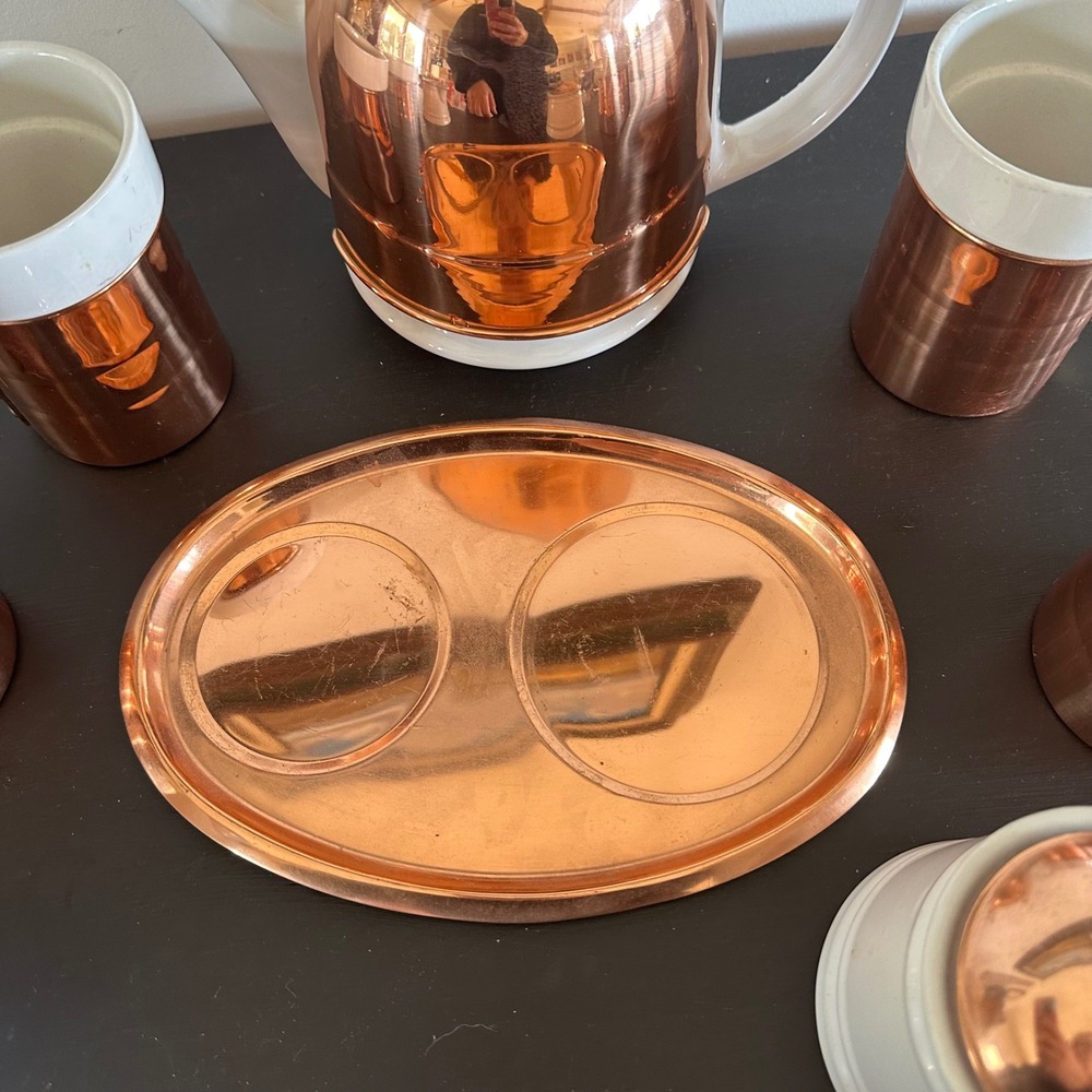 Vtg Baker Hart & Stuart Ceramic Copper Tea Set Teapot 4 Mugs Creamer 9pc Service - Picture 7 of 16